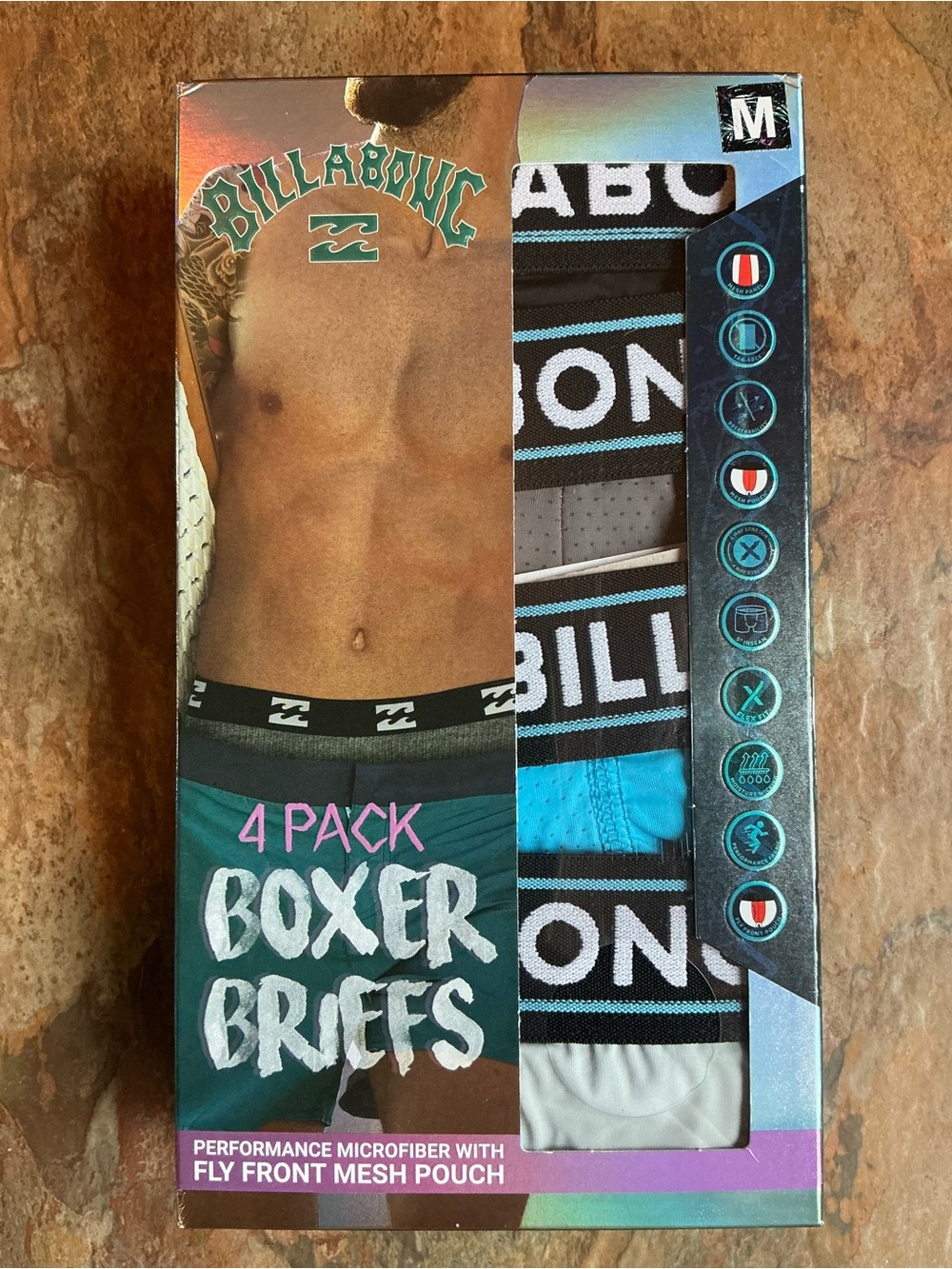 Billabong Men's Boxer Briefs 4-Pack in Teal, Black, Gray, White